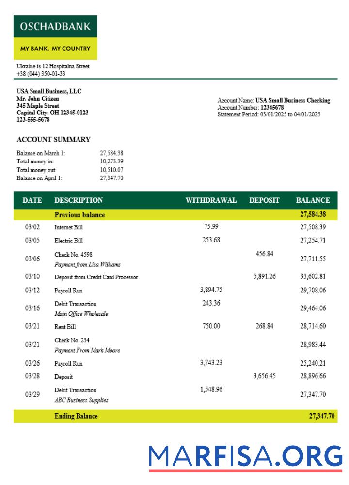 Blank Ukrainian Oshadbank enterprise statement Word and PDF template